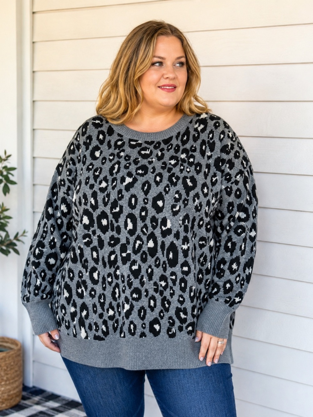 NWT Lucky Brand Black/Grey/White Leopard Print Sweater size 1X